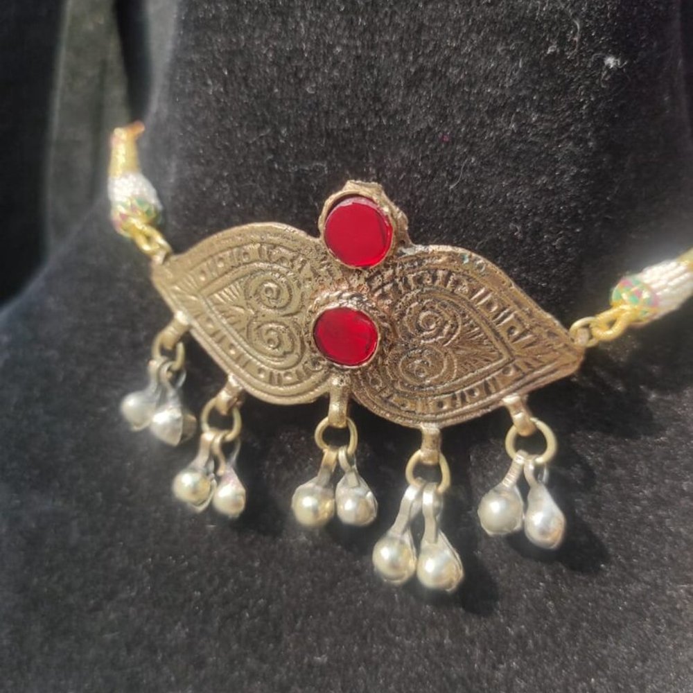 Afghan Kuchi Choker Necklace: Vintage Tribal Bells, Red Glass Stones - Picture 3 of 8